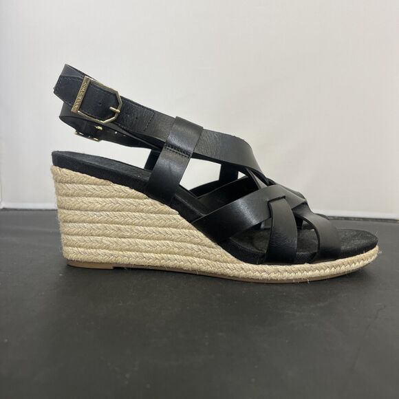 Cole Haan Crystal Womens Size 9.5B Shoes Black Leather Wedge Espadrille Sandals - Picture 4 of 13